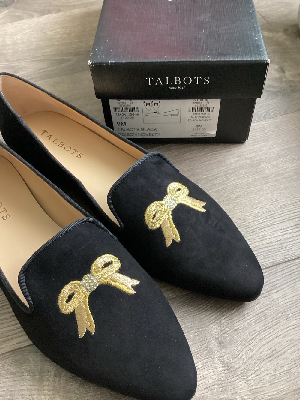 NWT Talbots Edison  Black Suede Loafers with Gold Bow Embroidery women’s size 9